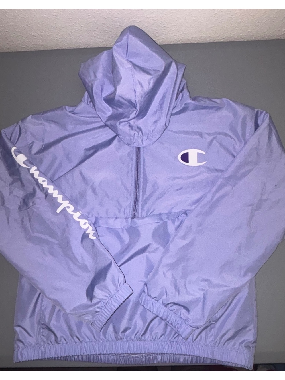 Champion Women’s Large Lavender Purple Windbreaker Jacket Logo Pullover Y2K